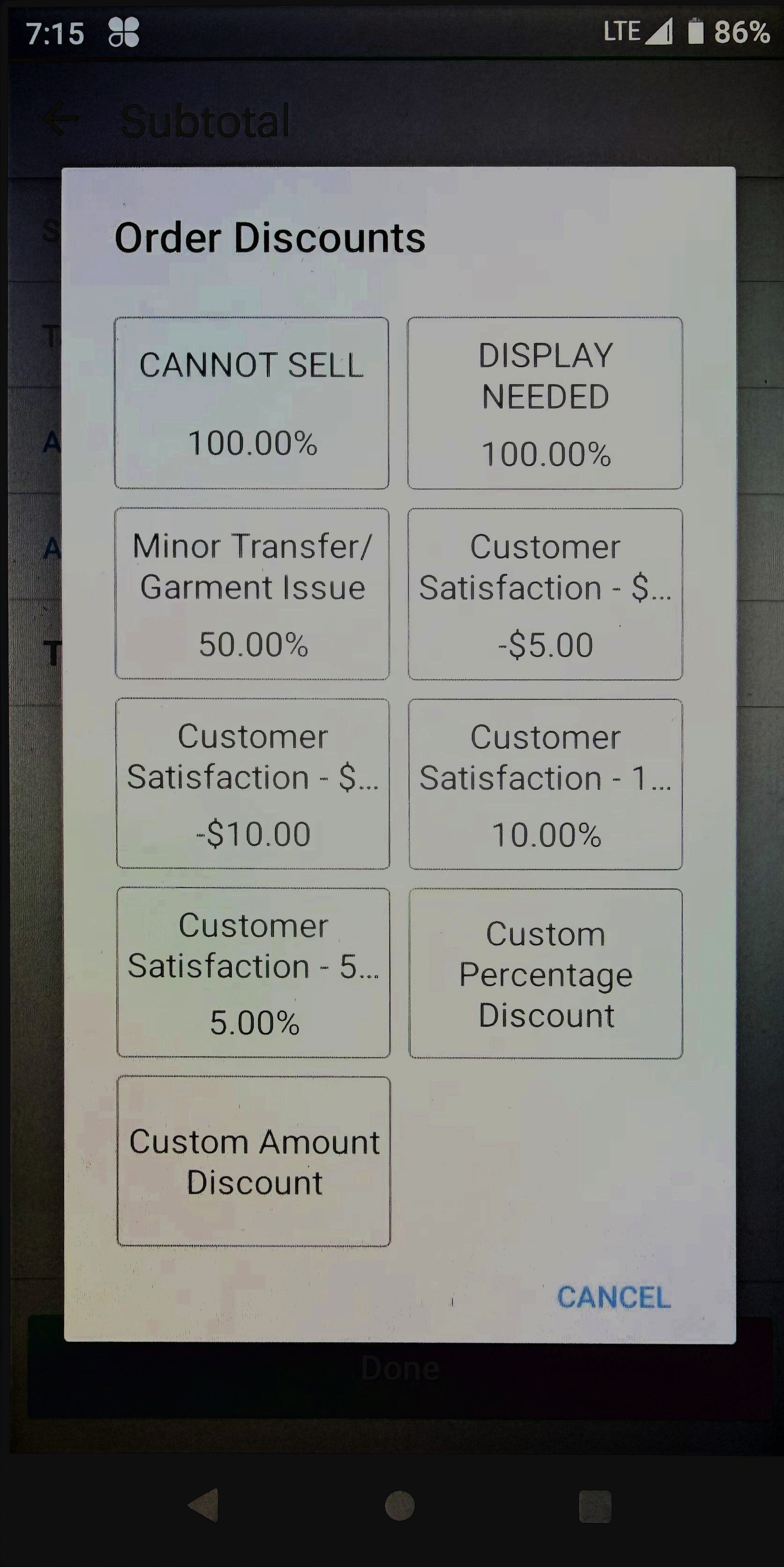 Fall Order Discounts modal showing CANNOT SELL, DISPLAY NEEDED, Minor Transfer, Customer Satisfaction tiers, and custom discount buttons.